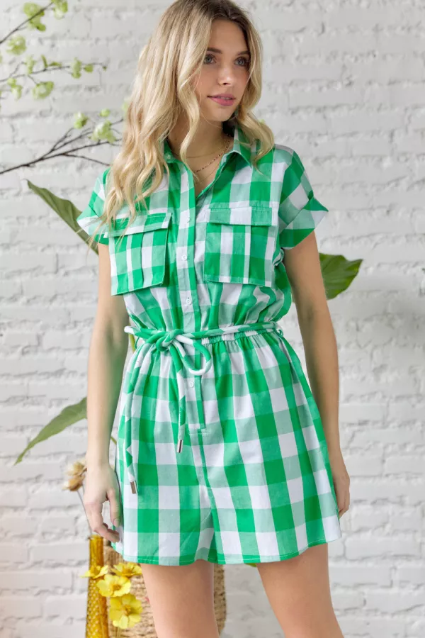 wholesale GINGHAM BUTTON DOWN BELTED ROMPER hersmine
