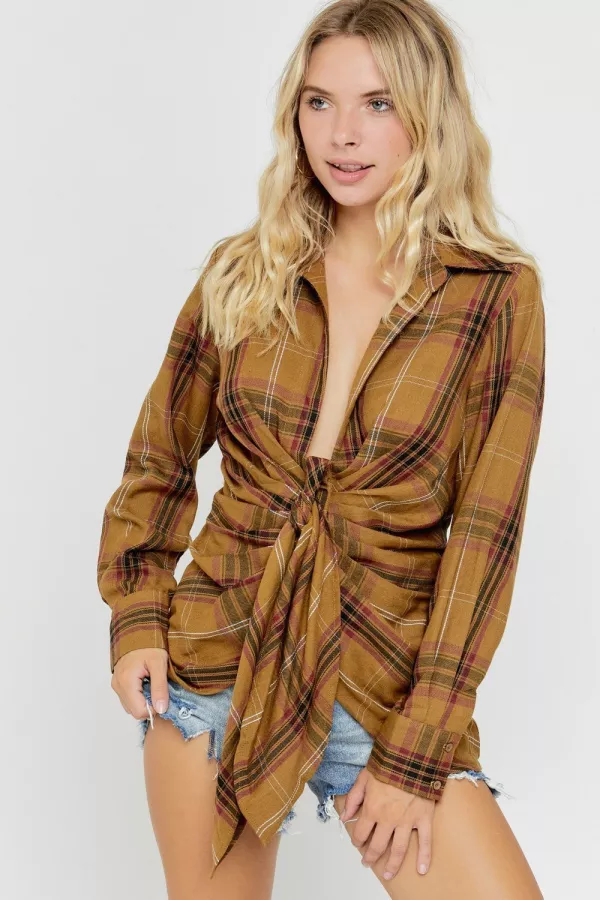 wholesale RUCHED BUTTON DOWN LONG SLV PLAID SHIRT hersmine