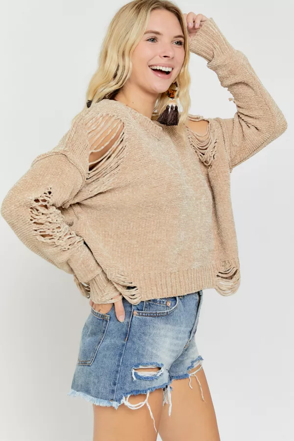 wholesale distressed soft long slv sweater top hersmine