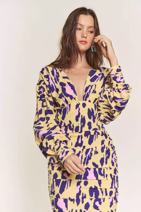 wholesale clothing leopard low v ruched long slv dress hersmine