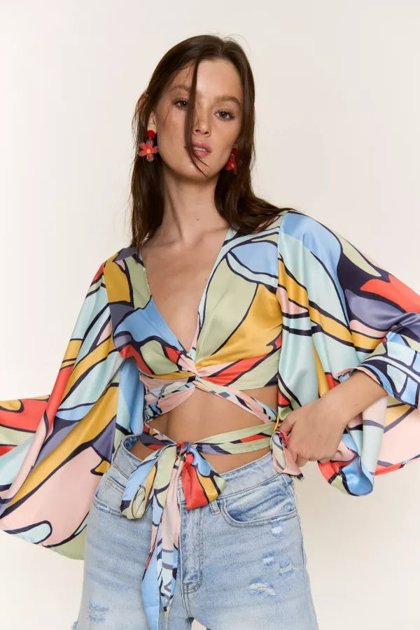 wholesale PRINTED SATIN WRAP TOP WITH BELL SLV hersmine