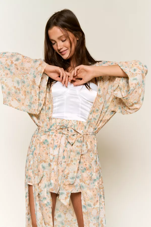 wholesale FLORAL BELTED LONG CARDIGAN WITH MATCHING SHORT hersmine