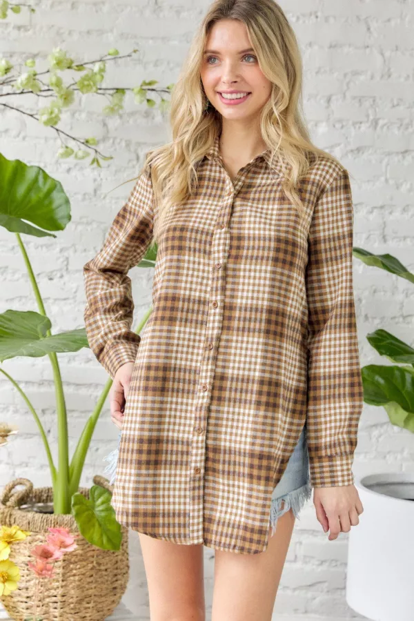 wholesale clothing plaid button down shirt with long side slit hersmine