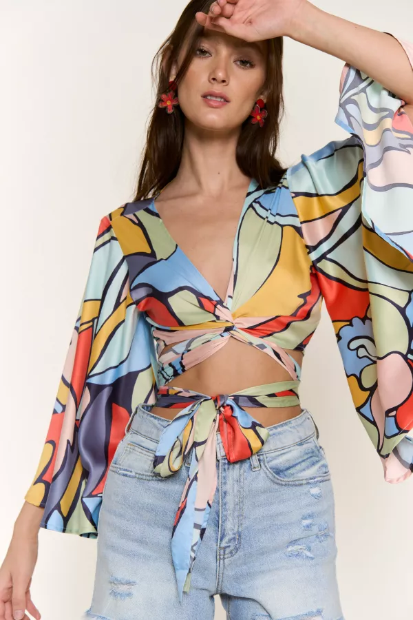 wholesale clothing printed satin wrap top with bell slv hersmine