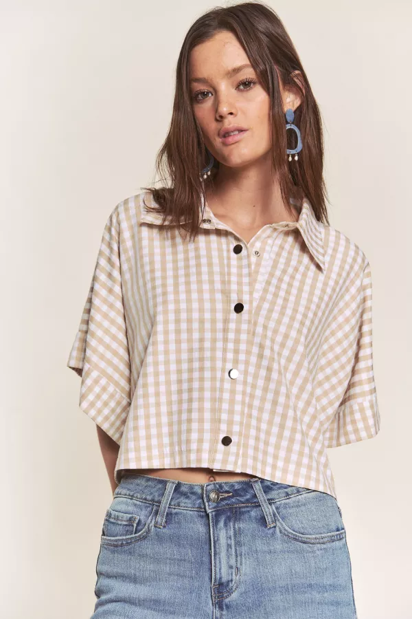 wholesale WIDE SLEEVE SNAP BUTTON CLOSURE GINGHAM TOP hersmine