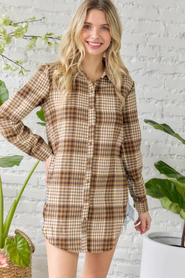 wholesale PLAID BUTTON DOWN SHIRT WITH LONG SIDE SLIT hersmine