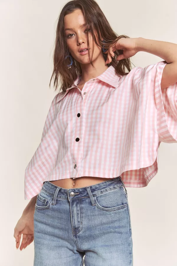 wholesale WIDE SLEEVE SNAP BUTTON CLOSURE GINGHAM TOP hersmine