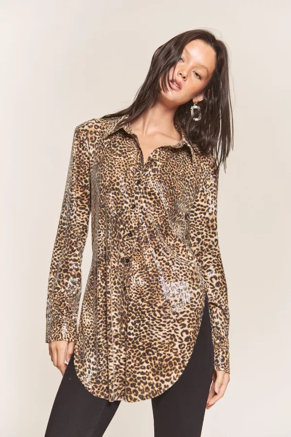 wholesale ANIMAL PRINT WITH SEQUINCE BUTTON DOWN SHIRT hersmine