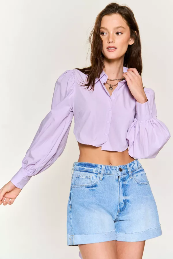 wholesale clothing poplin puff slv shirt with open back tie hersmine