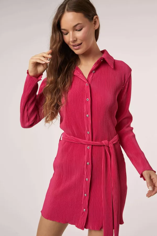 wholesale clothing button down long slv tie waist mini dress hersmine