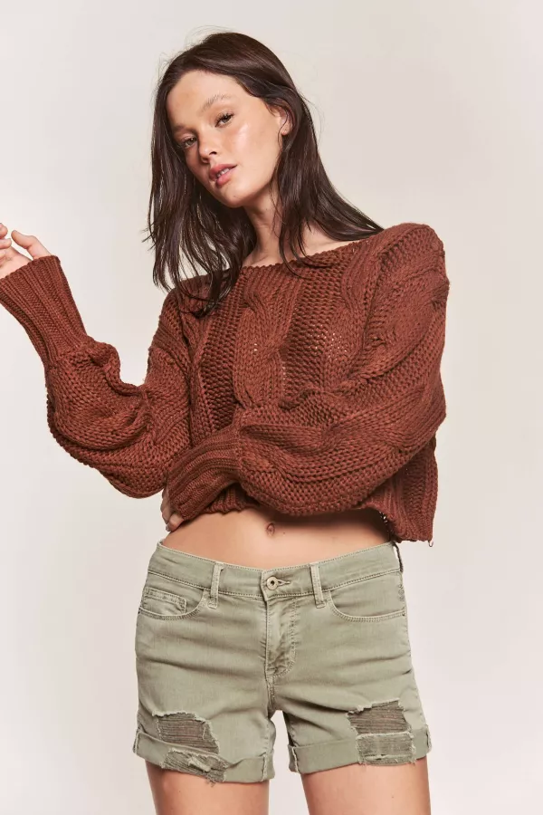 wholesale CABLE KNIT BOAT NECK CROP SWEATER WITH LONGSLEEVE hersmine