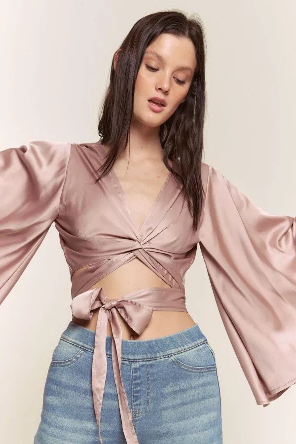 wholesale clothing satin wrap top with bell slv hersmine