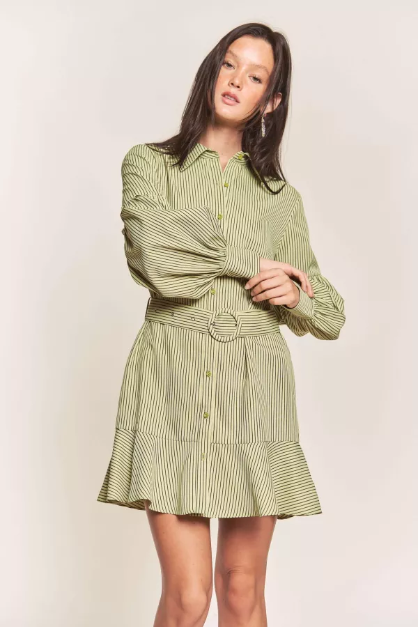 wholesale clothing button down striped belted ruffle hem dress hersmine