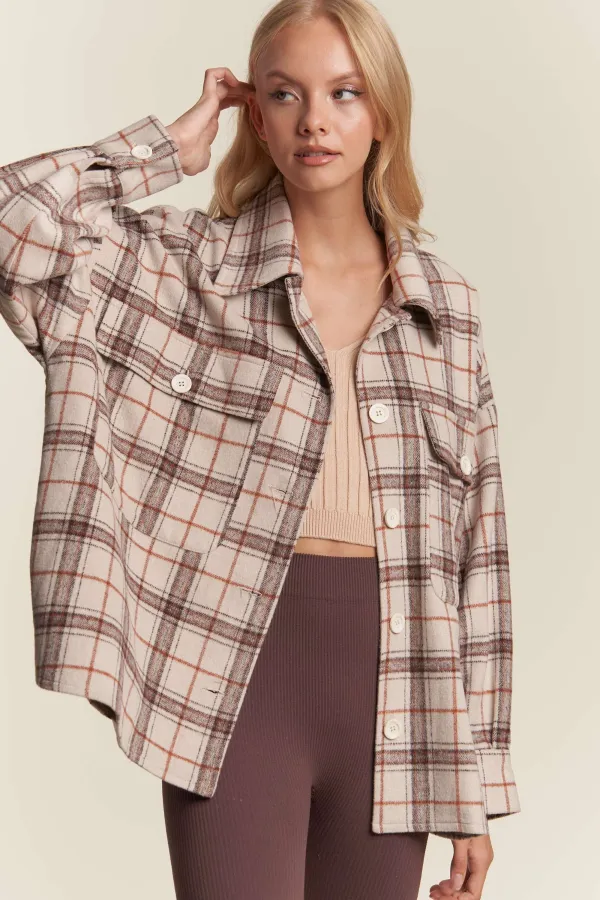 wholesale clothing button down long sleeve plaid jacket with pockets hersmine