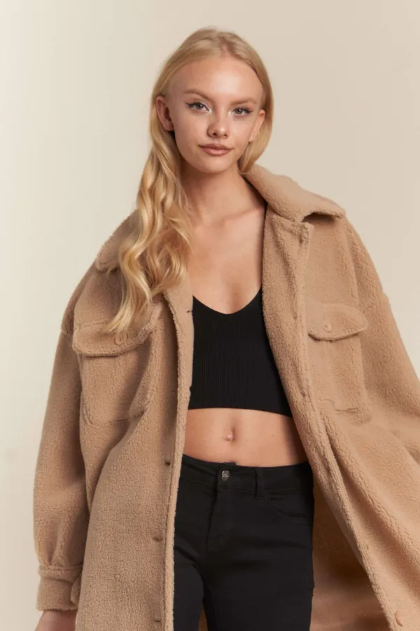 wholesale clothing faux fur button down pocket long jacket hersmine