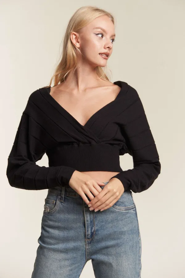 wholesale clothing overlap front puff sleeve cropped sweater top hersmine