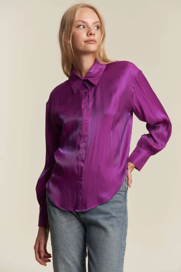 wholesale BUTTON DOWN BUBBLE SLEEVE SLINKY FABRIC TOP hersmine