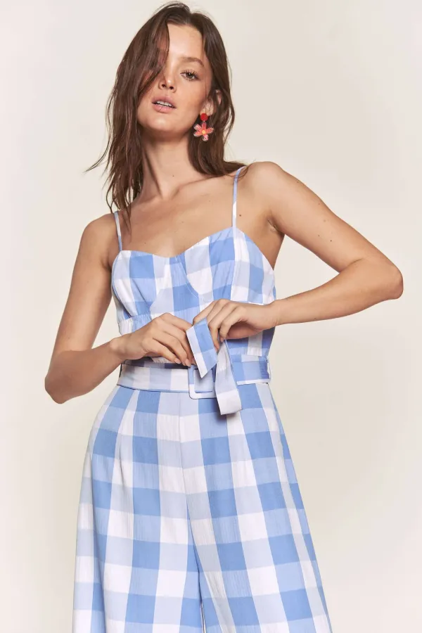 wholesale GINGHAM BELTED JUMPSUIT WITH SPAGHETTI STRAP hersmine