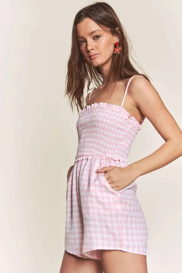 wholesale clothing gingham smocked romper with spaghetti strap hersmine