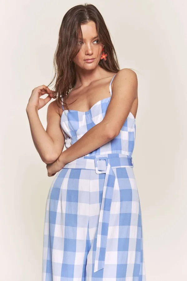 wholesale GINGHAM BELTED JUMPSUIT WITH SPAGHETTI STRAP hersmine