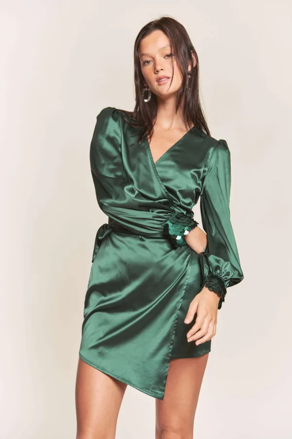 wholesale SATIN WRAP LONG SLEEVE DRESS WITH SEQUIN SLV CUFF hersmine