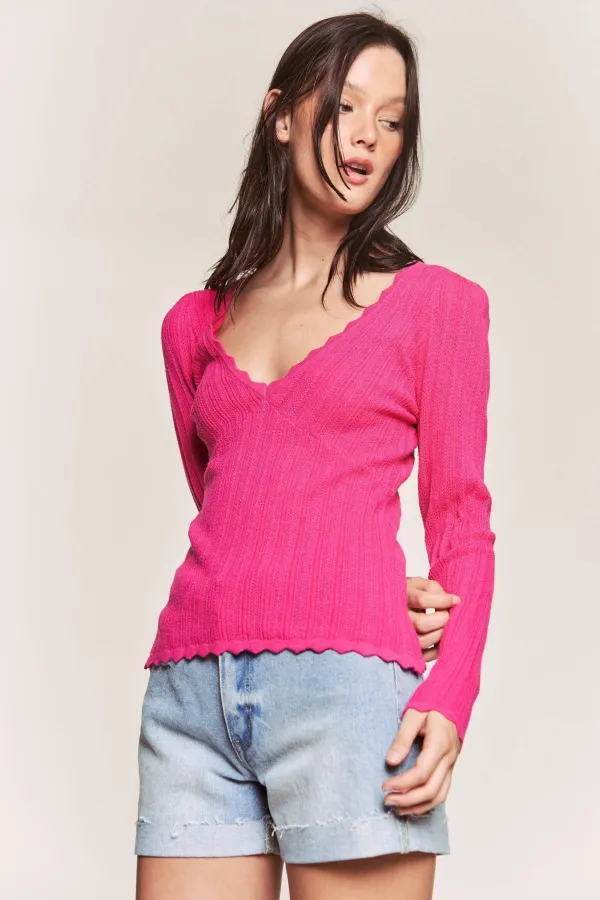 wholesale clothing scallop hem v neck long sleeve sweater top hersmine