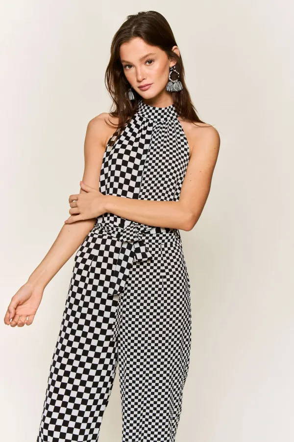 wholesale clothing checkard waist tie half and half halter jumpsuit hersmine