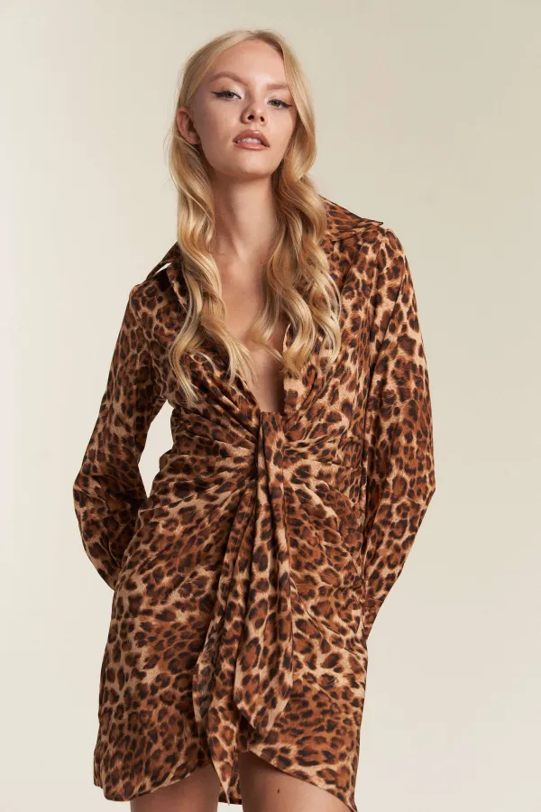 wholesale clothing leopard print ruched waist line button down dress hersmine
