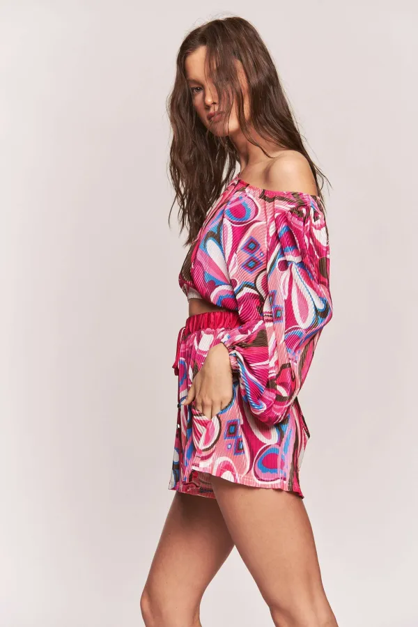 wholesale clothing multi colour print pleated fabric top shorts set hersmine