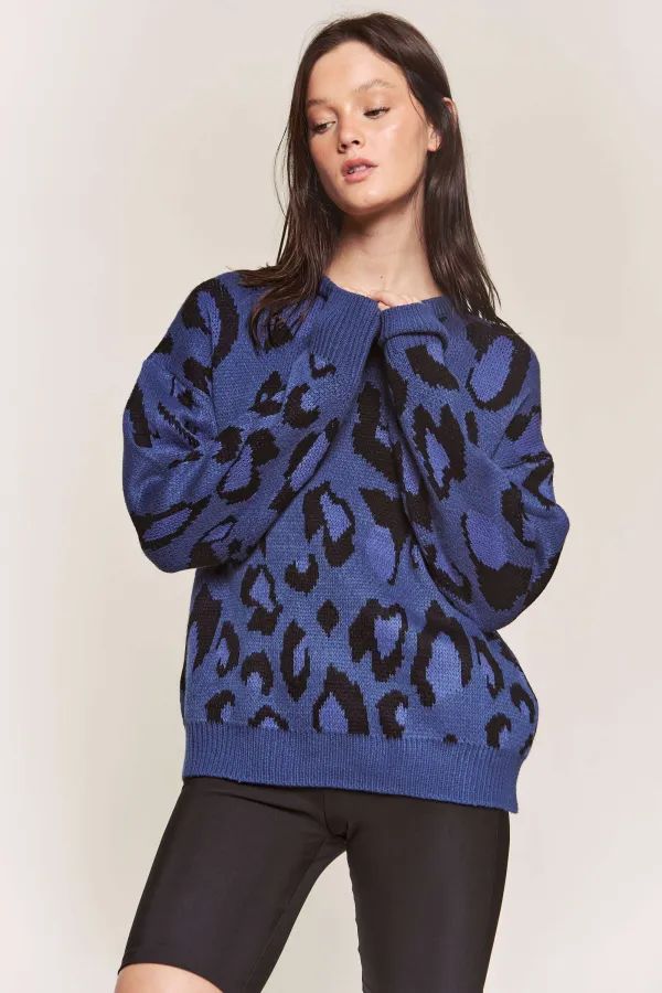 wholesale clothing leopard round neck long sleeve sweater hersmine