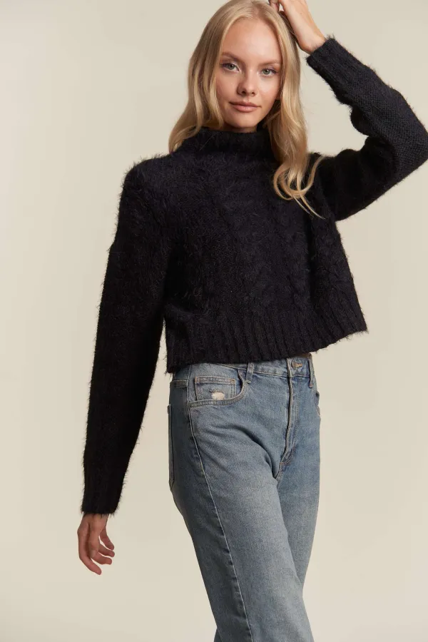 wholesale clothing fuzzy fur  longslv turtle neck cable knit sweater hersmine