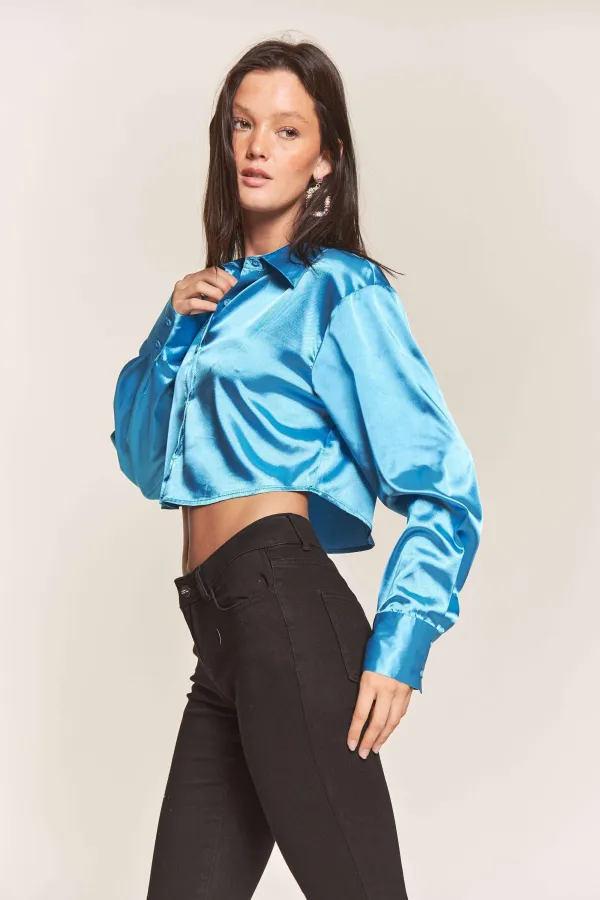 wholesale SATIN BUTTON DOWN LONG SLEEVE CROPPED BLOUSE hersmine