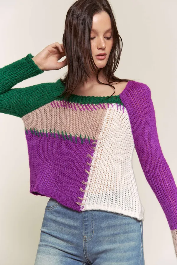 wholesale clothing multi color block square neck sweater top hersmine