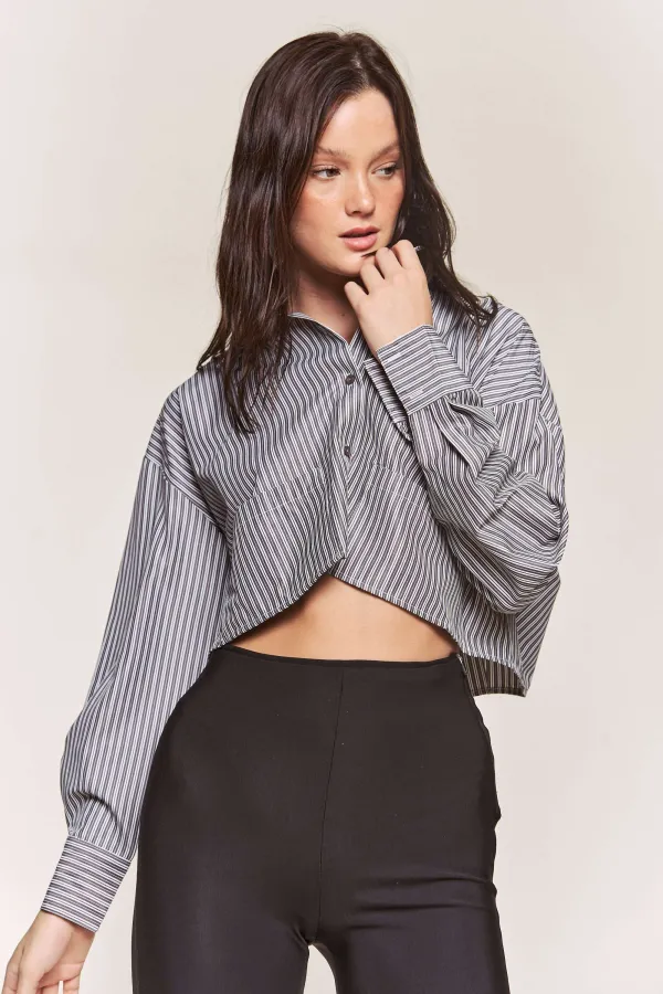 wholesale clothing stripe pocket button down crop shirt hersmine