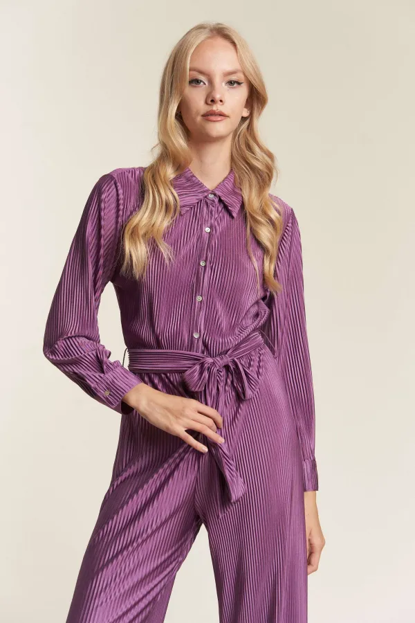 wholesale clothing crinckled fabric button down tie waist jumpsuit hersmine
