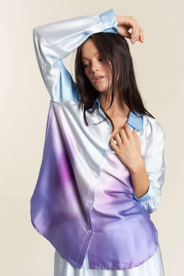wholesale clothing satin tie dye button down shirt with pants set hersmine