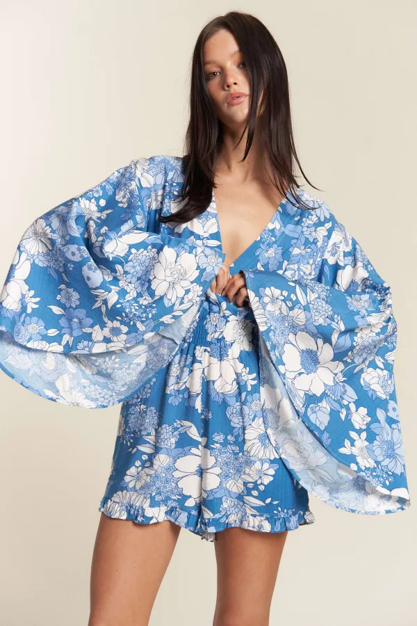 wholesale clothing rayon nylon floral kimono slv with shorts romper hersmine