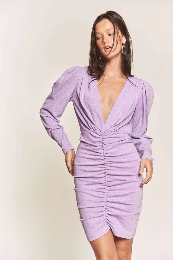 wholesale clothing lurex long sleeve deep v ruched dress hersmine