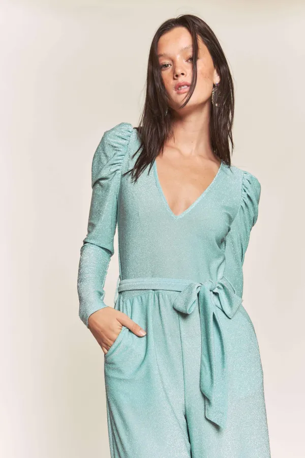 wholesale clothing lurex low v neck puff sleeve belted jumpsuit hersmine
