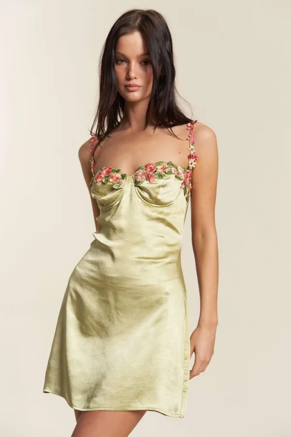 wholesale clothing satin floral patch trim mini dress hersmine