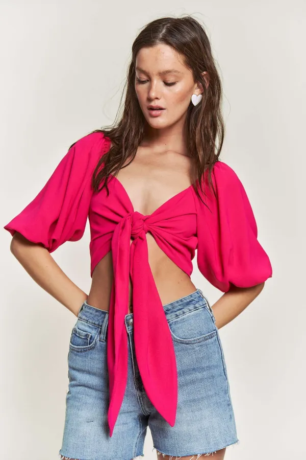 wholesale TIE FRONT SHORT BALLOON SLEEVE CROPPED TOP hersmine