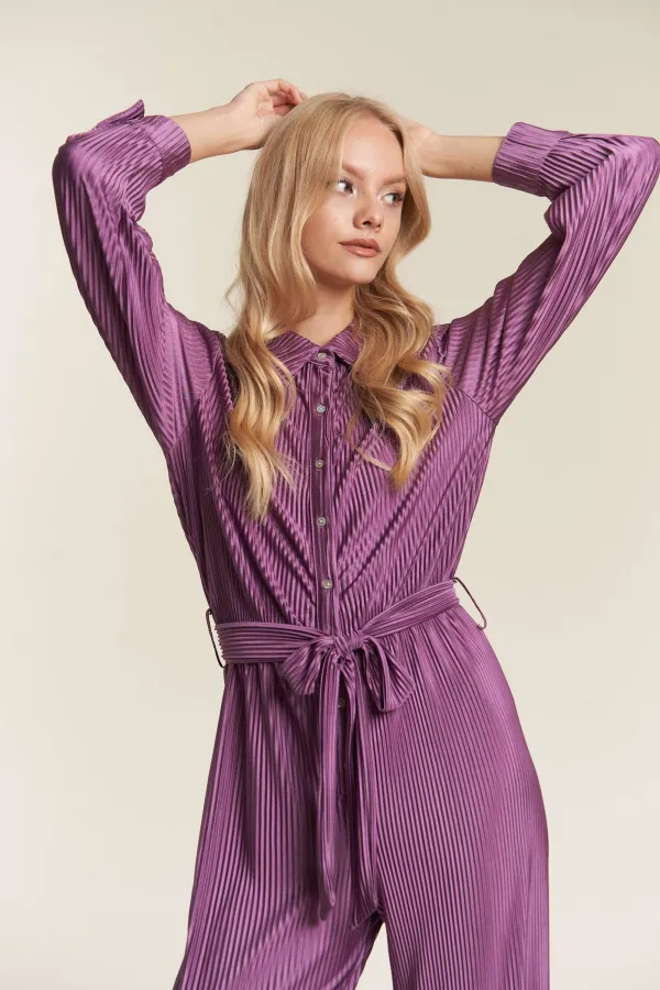 wholesale clothing crinckled fabric button down tie waist jumpsuit hersmine