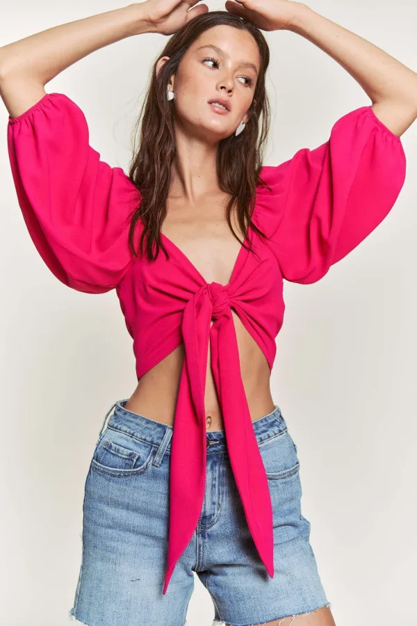 wholesale TIE FRONT SHORT BALLOON SLEEVE CROPPED TOP hersmine