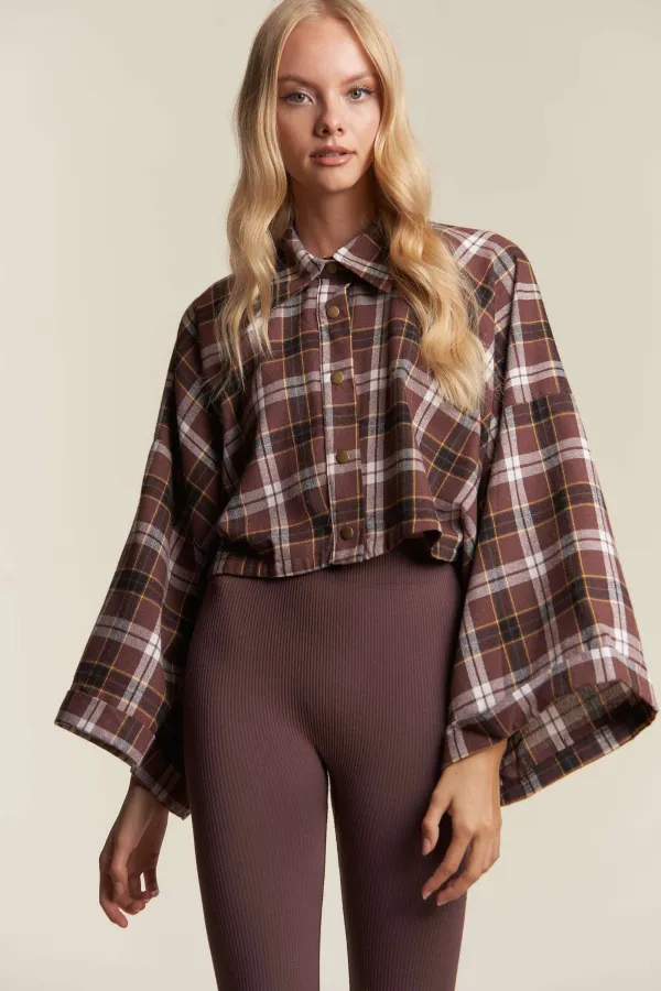 wholesale clothing wide sleeve snap button down plaid shirt jacket hersmine