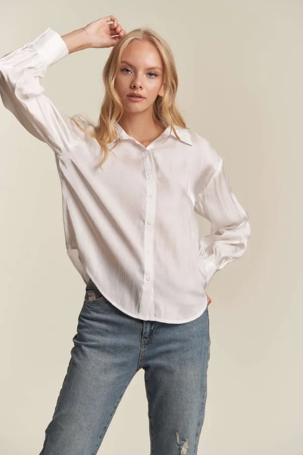 wholesale BUTTON DOWN BUBBLE SLEEVE SLINKY FABRIC TOP hersmine