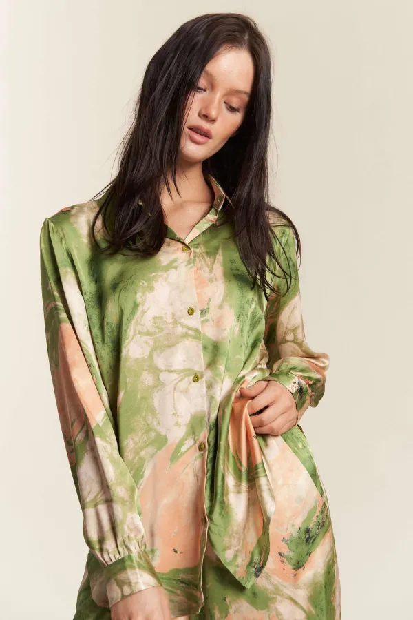 wholesale SATIN BUTTON DOWN SHIRT WITH MATCHING PANTS SET hersmine
