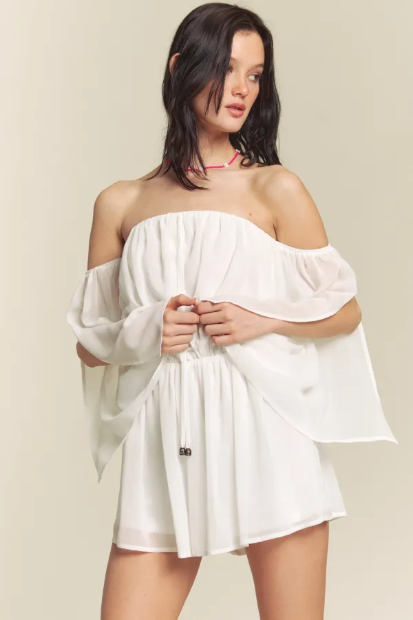 wholesale clothing off shoulder chiffon romper with slit sleeves hersmine