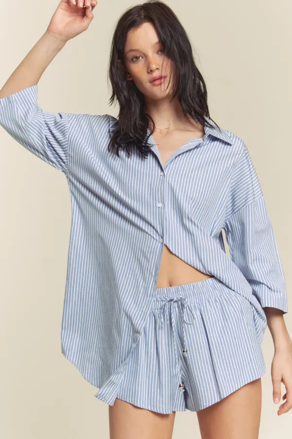 wholesale STRIPED BUTTON DOWN SHIRT AND MATCHING SHORTS SET hersmine