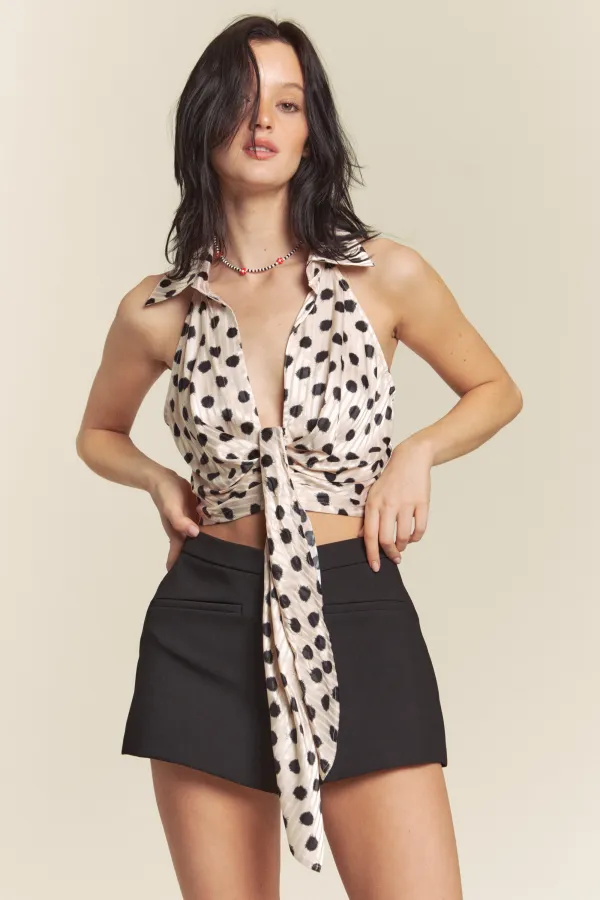 wholesale POLKA DOT SATIN BUTTON DOWN RUCHED BUST TOP hersmine