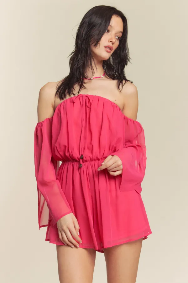 wholesale clothing off shoulder chiffon romper with slit sleeves hersmine